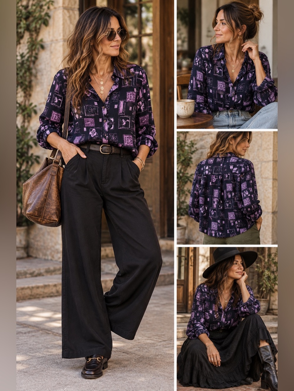 Vintage Navy and Lavender Geometric Floral Button-Up Blouse